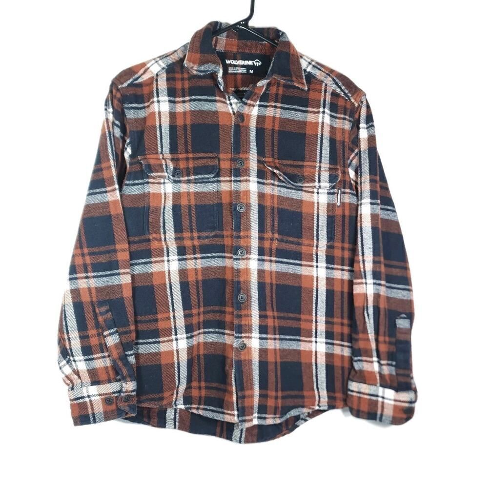 Wolverine Men's Sz M Brown Thick Flannel Plaid Long sleeve Button Down Shirt